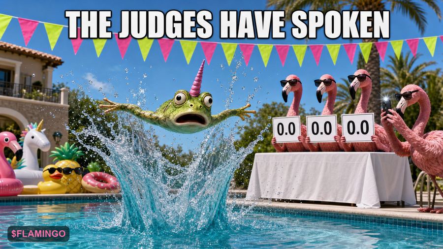 Three flamingo judges holding 0.0 score paddles as a frog belly-flops